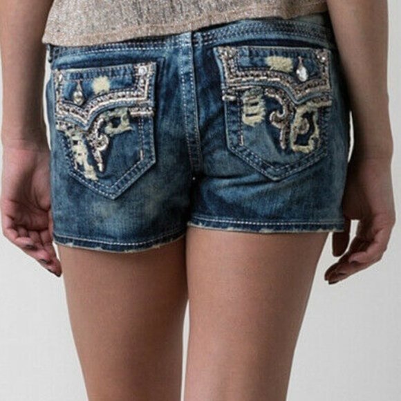 😎HTF🤘 ROCK REVIVAL BETTY Medium ACID WASH EMBELLISHED SHORTS 30 - Picture 10 of 16